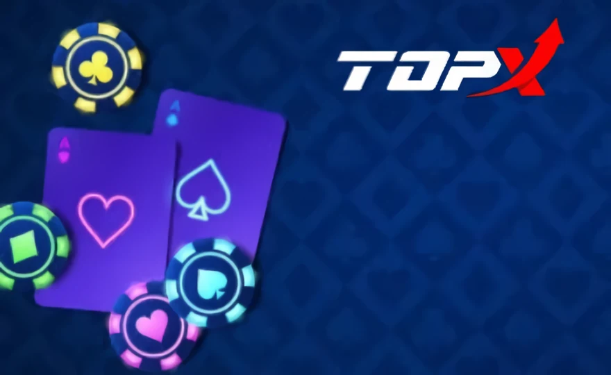 Cartas e fichas de cassino sobre fundo azul, com o logotipo da TopX