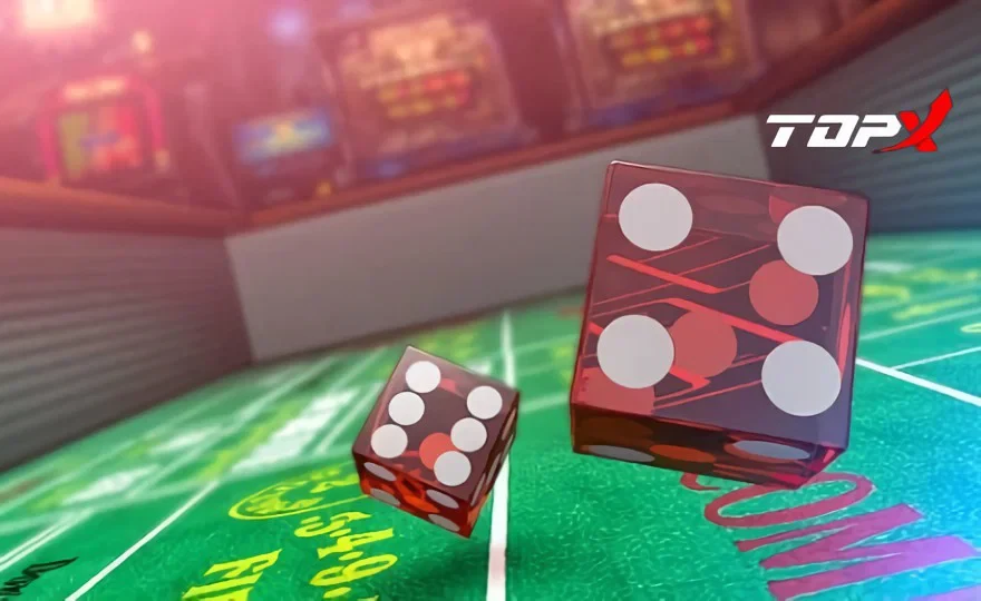 Dados vermelhos sobre uma mesa de jogo verde, com o logotipo da TopX