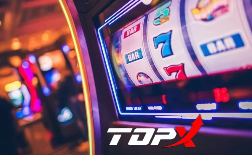 Detalhe de uma máquina de rolos iluminada em neon, com o logotipo da TopX